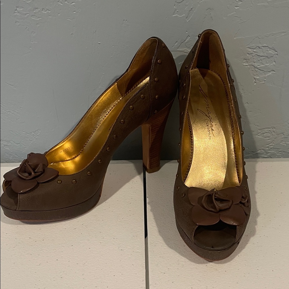 Vince Camuto All Leather Peep-Toe Heels with Floral Applique